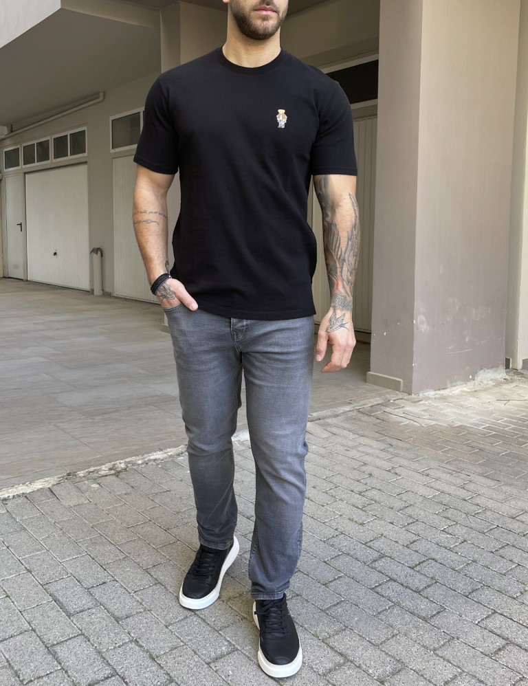 Ανδρικό βαμβακερό μαύρο T-shirt με ανάγλυφο ύφασμα και στάμπα στο στήθος TPM1069M φωτογραφία